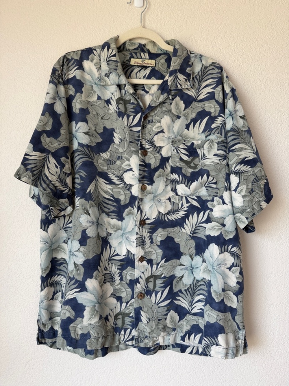 Tommy Bahama Silk Hawaiian Shirt Floral Blue Camp Button Down L